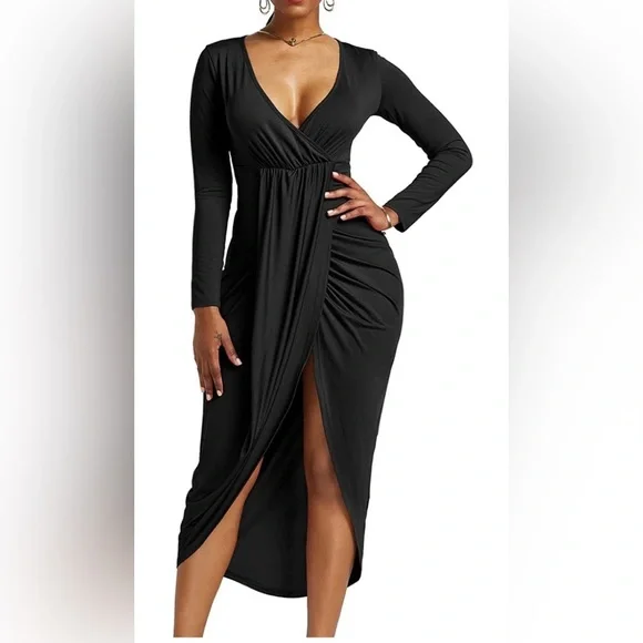 Women's V Neck Ruched Wrap Slit Hem Long Sleeve Bodycon Midi Dress - Picture 1 of 4